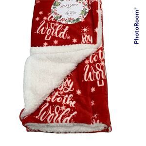 Holly Loft Christmas Holiday Plush Sherpa Throw Blanket Red Joy to the World NEW